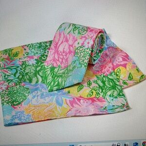 New Lilly Pulitzer Men's Stuff Tie & Pocket Scarf Multi Bright Delight Patch